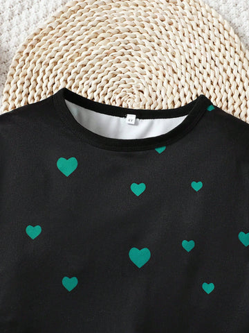 Toddler Girls' Heart Print Casual Sports T-Shirt And Shorts Set For Summer