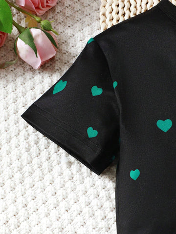 Toddler Girls' Heart Print Casual Sports T-Shirt And Shorts Set For Summer