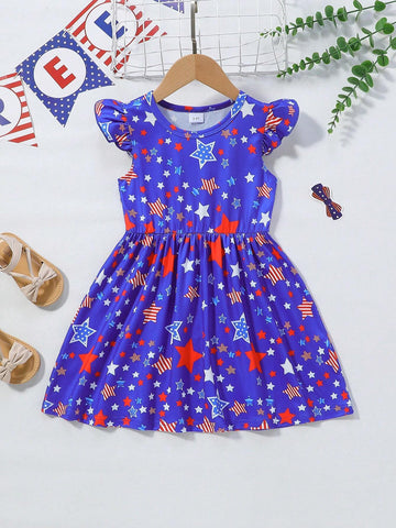 Toddler Girls' Independence Day Round Neck Flutter Sleeve Dress With All-Over Stars Print