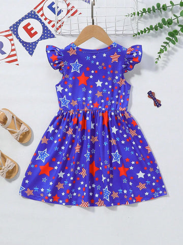 Toddler Girls' Independence Day Round Neck Flutter Sleeve Dress With All-Over Stars Print
