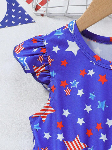 Toddler Girls' Independence Day Round Neck Flutter Sleeve Dress With All-Over Stars Print