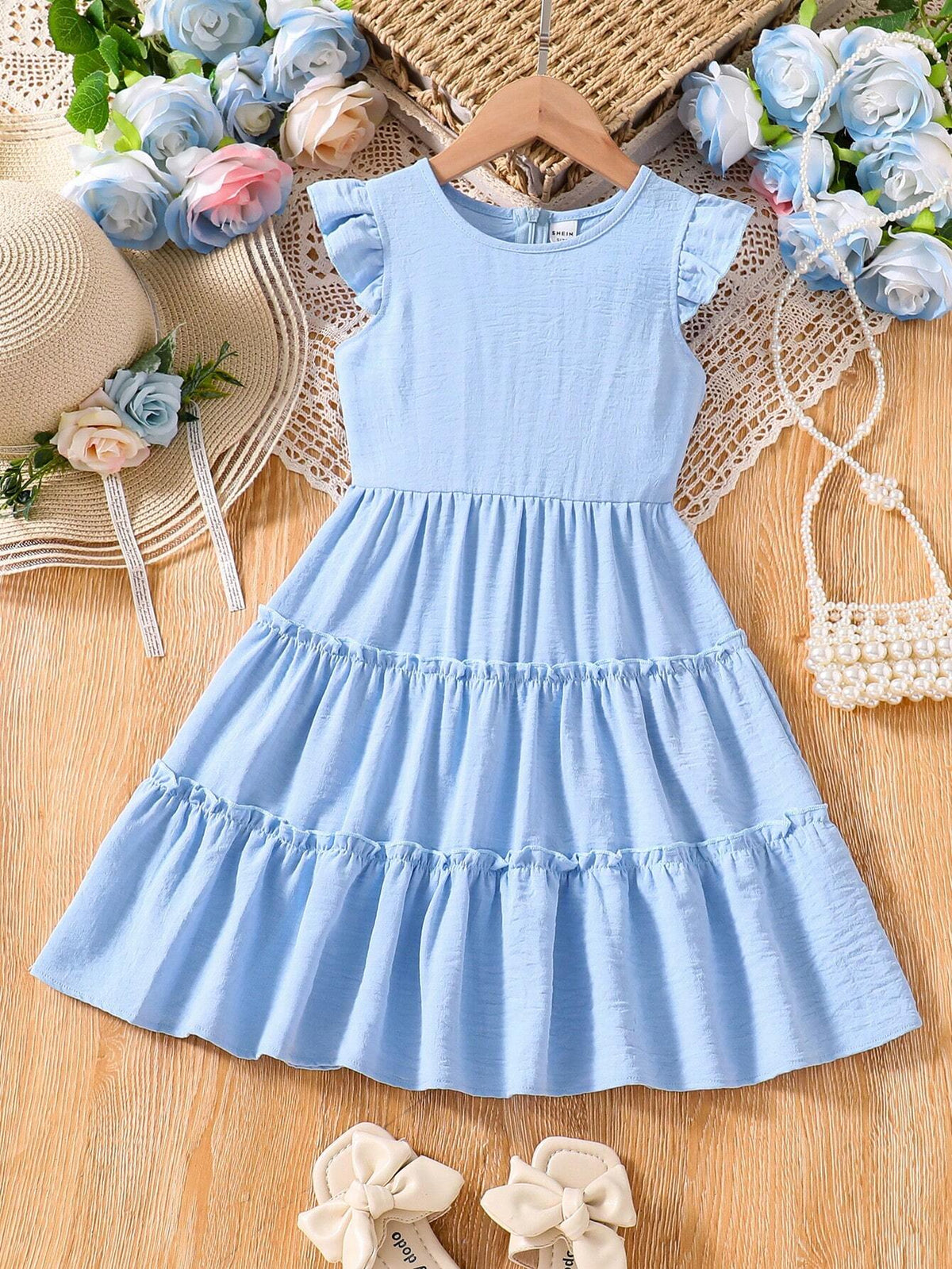 Toddler Girls' Lightweight Washed Blue Simple & Elegant Comfortable Sleeveless Cake Dress