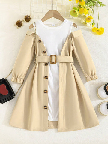Toddler Girls' Long Sleeve Asymmetrical Patchwork Elegant Dress, Spring Autumn