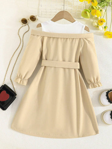 Toddler Girls' Long Sleeve Asymmetrical Patchwork Elegant Dress, Spring Autumn