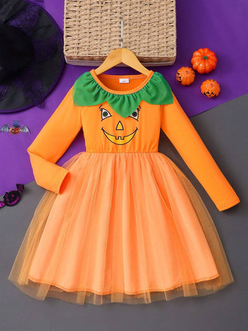 Toddler Girls' Long Sleeve Halloween Mesh Dress