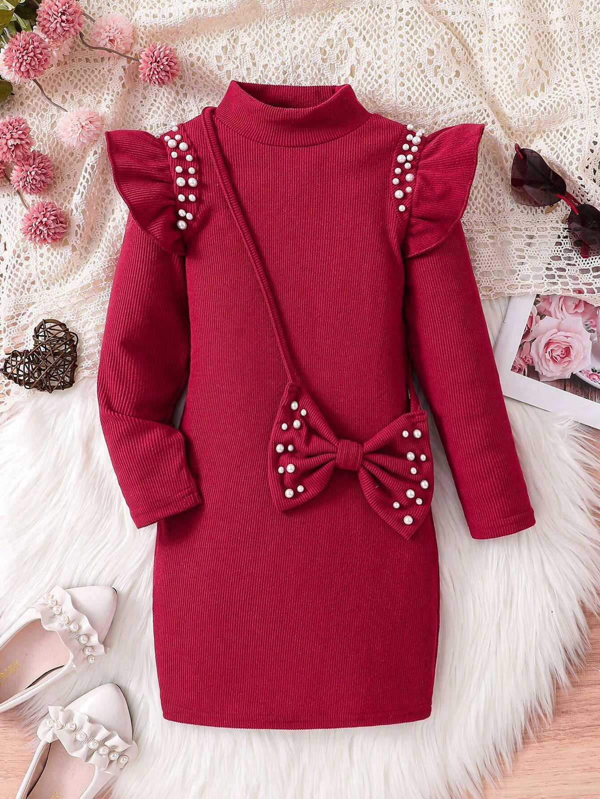 Toddler Girls Long Sleeve Ruffle Beaded High Neck Dress, Cute, Comfy, Elegant Fashion, Autumn 2024