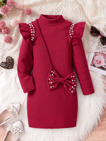 Toddler Girls Long Sleeve Ruffle Beaded High Neck Dress, Cute, Comfy, Elegant Fashion, Autumn 2024