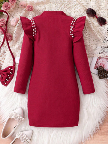 Toddler Girls Long Sleeve Ruffle Beaded High Neck Dress, Cute, Comfy, Elegant Fashion, Autumn 2024