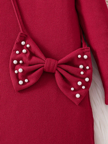 Toddler Girls Long Sleeve Ruffle Beaded High Neck Dress, Cute, Comfy, Elegant Fashion, Autumn 2024