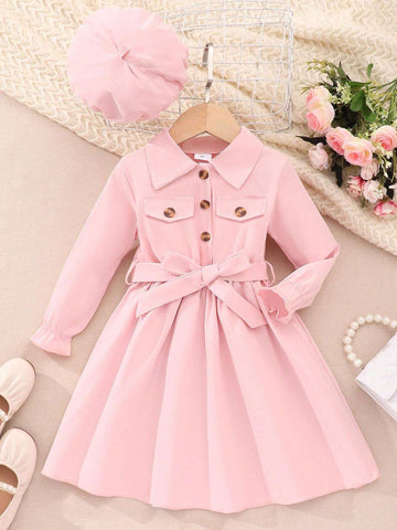 Toddler Girls Long Sleeve Solid Color Collared Casual Dress With Hat & Belt