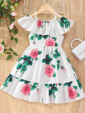 Toddler Girls' Loose Casual Cute Spaghetti Strap Dress With Ruffle Trim, Floral Print For Holiday, Beach, Picnic And Travel In Summer