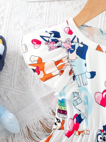Toddler Girls' Lovely Dog Digital Print Ruffled Princess Dress, For Wedding Ceremony Kid's Season, Summer