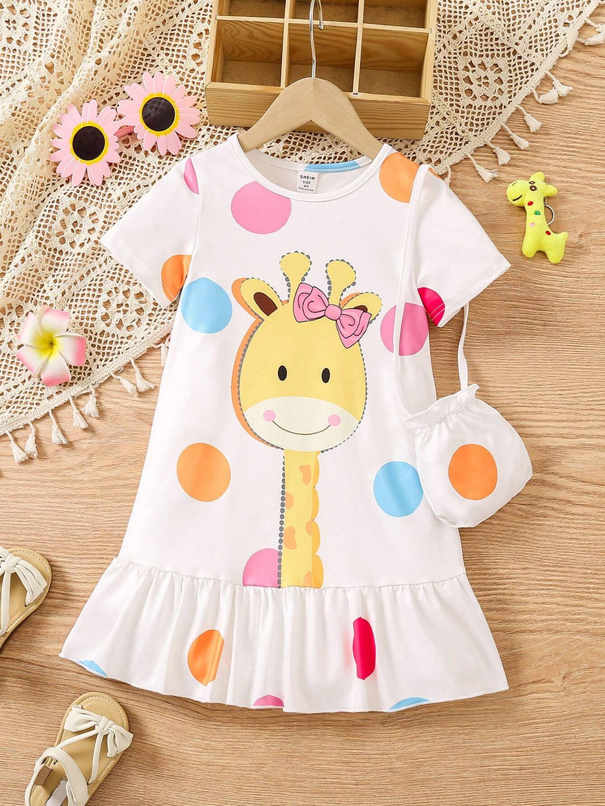 Toddler Girls' Lovely Printed Short Sleeve Dress With Backpack