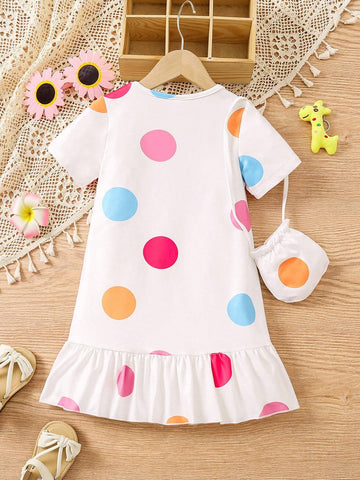 Toddler Girls' Lovely Printed Short Sleeve Dress With Backpack