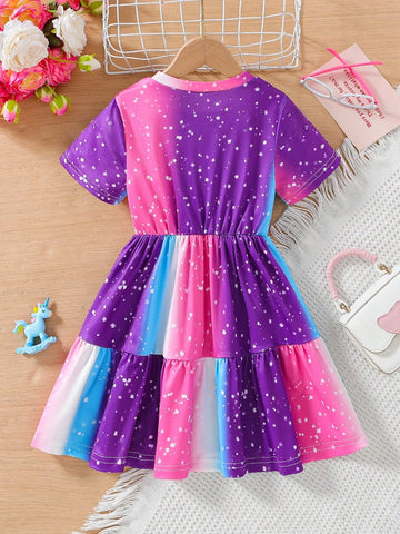 Toddler Girls Lovely Rainbow Unicorn Printed Short Sleeve Dress With Round Neck For Summer