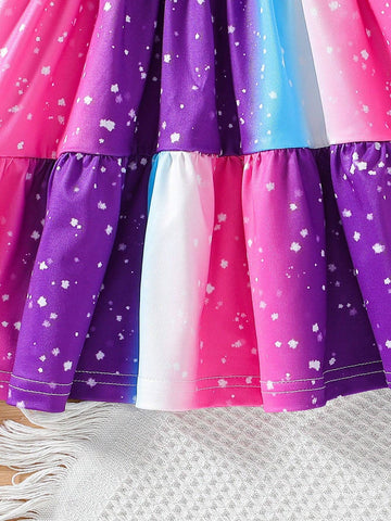 Toddler Girls Lovely Rainbow Unicorn Printed Short Sleeve Dress With Round Neck For Summer