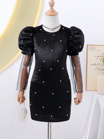 Toddler Girls' Luxurious Elegant Princess Velvet Beaded Gigot Sleeve Black Dress, Suitable For Halloween, Parties, Family Gatherings, Birthday Gifts, Stage Performances, Banquets