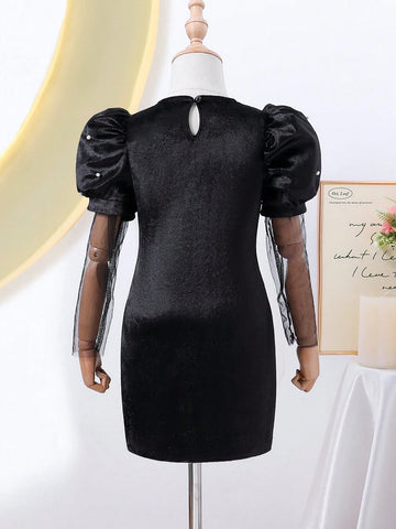 Toddler Girls' Luxurious Elegant Princess Velvet Beaded Gigot Sleeve Black Dress, Suitable For Halloween, Parties, Family Gatherings, Birthday Gifts, Stage Performances, Banquets