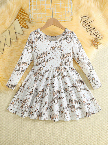 Toddler Girls New Year Round Neck Long Sleeve Cute Star & Letter All Over Print Casual Dress