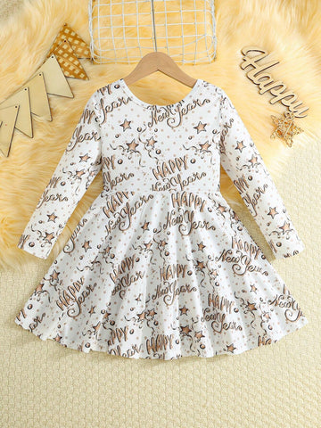 Toddler Girls New Year Round Neck Long Sleeve Cute Star & Letter All Over Print Casual Dress