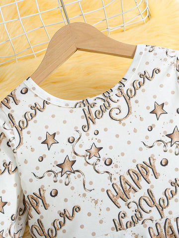 Toddler Girls New Year Round Neck Long Sleeve Cute Star & Letter All Over Print Casual Dress
