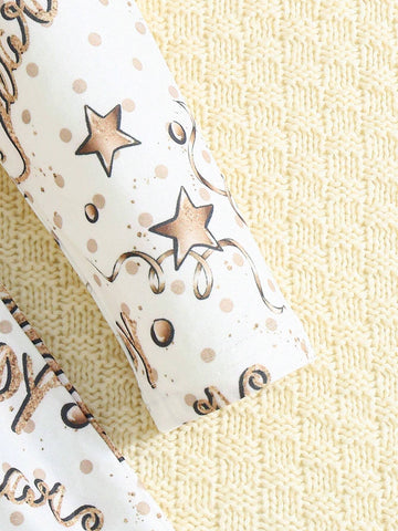 Toddler Girls New Year Round Neck Long Sleeve Cute Star & Letter All Over Print Casual Dress