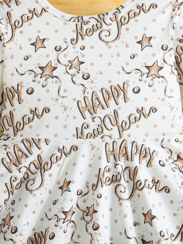 Toddler Girls New Year Round Neck Long Sleeve Cute Star & Letter All Over Print Casual Dress