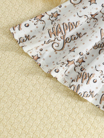 Toddler Girls New Year Round Neck Long Sleeve Cute Star & Letter All Over Print Casual Dress
