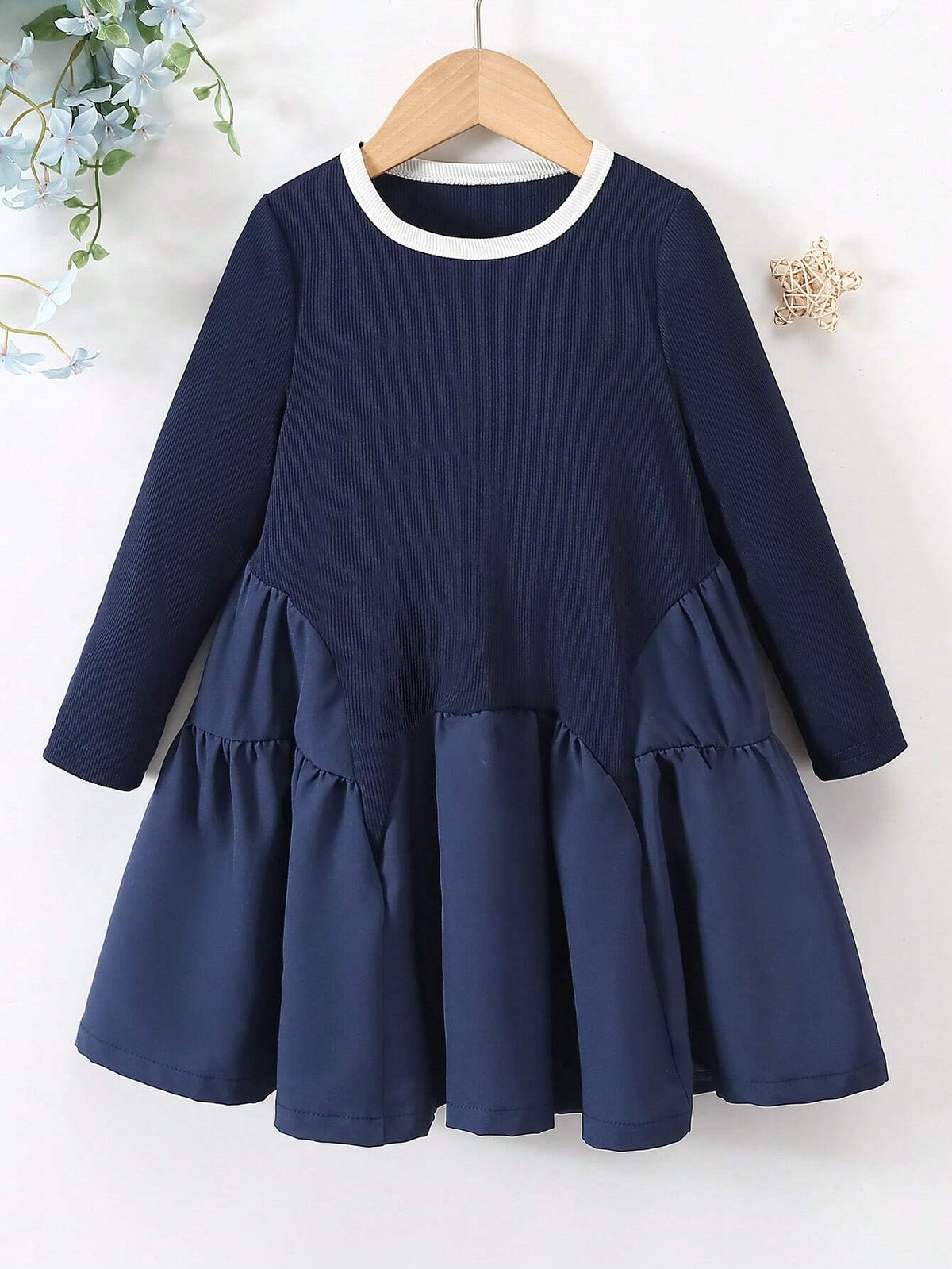 Toddler Girls' Plain Color Patchwork Round Neck Long Sleeve Pleated Simple Casual Dress