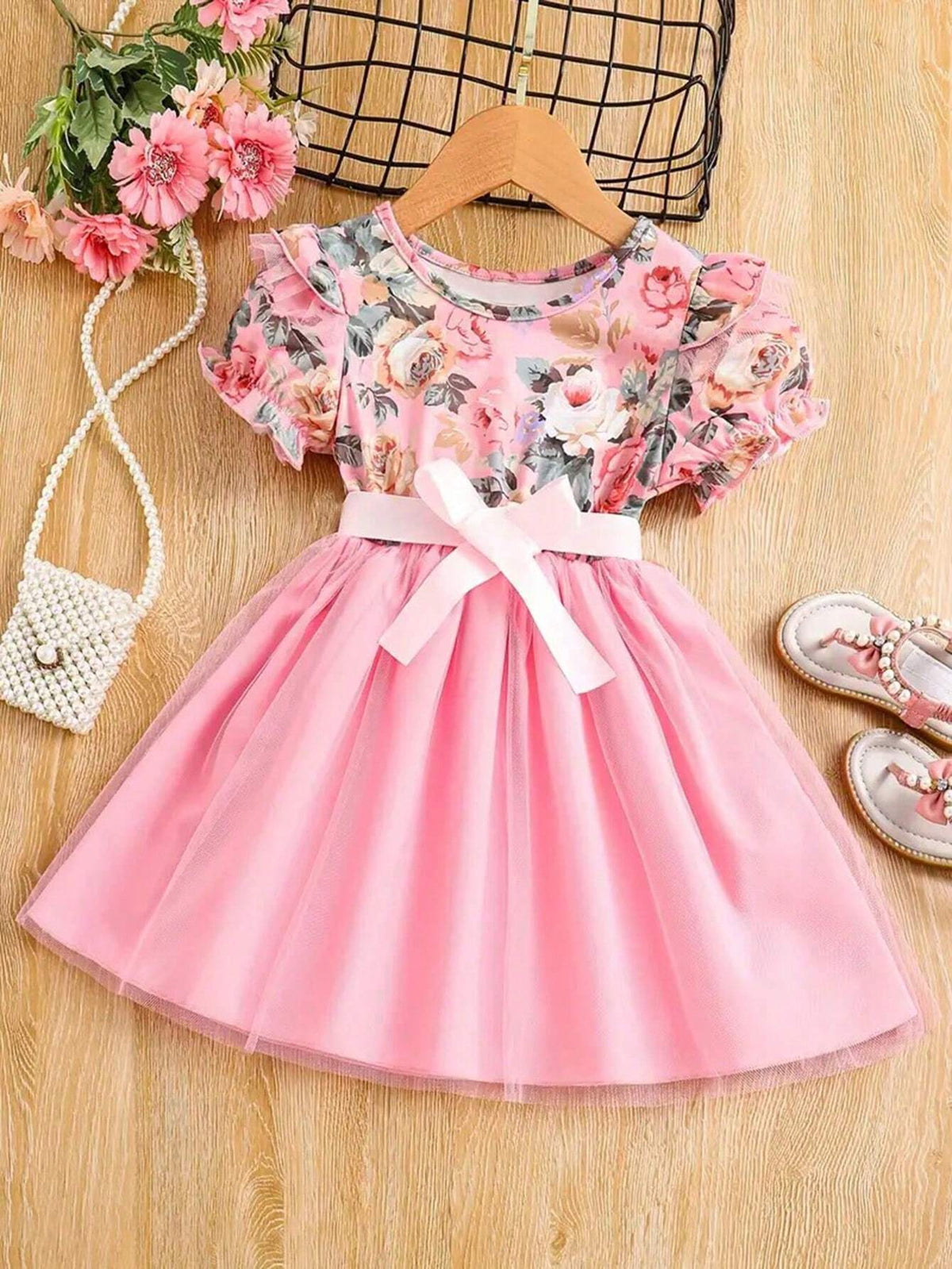 Toddler Girls Puff Sleeve Ruffle Trim Floral Graphic Mesh Belted Princess Dress For Party Kids Summer Clothes
