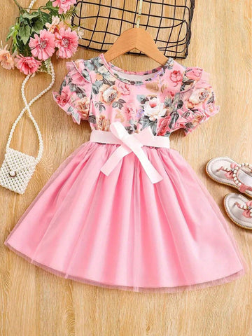 Toddler Girls Puff Sleeve Ruffle Trim Floral Graphic Mesh Belted Princess Dress For Party Kids Summer Clothes