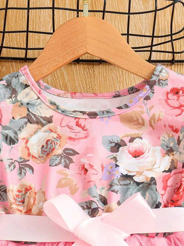 Toddler Girls Puff Sleeve Ruffle Trim Floral Graphic Mesh Belted Princess Dress For Party Kids Summer Clothes