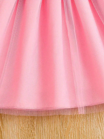 Toddler Girls Puff Sleeve Ruffle Trim Floral Graphic Mesh Belted Princess Dress For Party Kids Summer Clothes