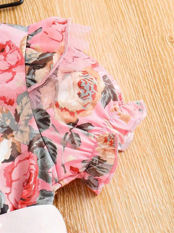 Toddler Girls Puff Sleeve Ruffle Trim Floral Graphic Mesh Belted Princess Dress For Party Kids Summer Clothes