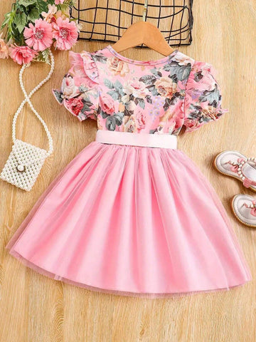 Toddler Girls Puff Sleeve Ruffle Trim Floral Graphic Mesh Belted Princess Dress For Party Kids Summer Clothes