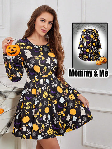 Toddler Girls Pumpkin Head Glow-In-The-Dark Halloween Dress, Round Neck Long Sleeve Waisted Mommy & Me Matching Outfits (2 Pieces Sold Separately)