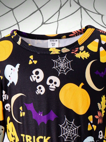 Toddler Girls Pumpkin Head Glow-In-The-Dark Halloween Dress, Round Neck Long Sleeve Waisted Mommy & Me Matching Outfits (2 Pieces Sold Separately)