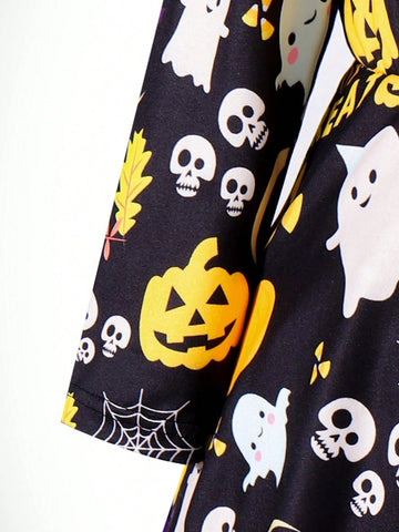 Toddler Girls Pumpkin Head Glow-In-The-Dark Halloween Dress, Round Neck Long Sleeve Waisted Mommy & Me Matching Outfits (2 Pieces Sold Separately)