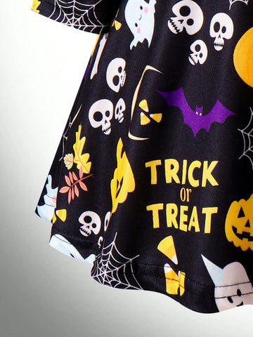 Toddler Girls Pumpkin Head Glow-In-The-Dark Halloween Dress, Round Neck Long Sleeve Waisted Mommy & Me Matching Outfits (2 Pieces Sold Separately)