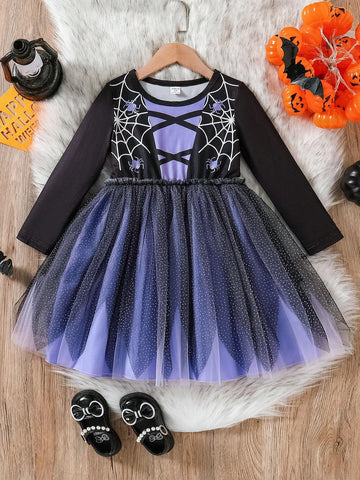 Toddler Girls' Purple & Black Colorblock Spider Web Tulle Dress, Halloween Party Outfit