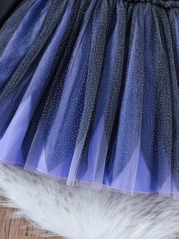 Toddler Girls' Purple & Black Colorblock Spider Web Tulle Dress, Halloween Party Outfit