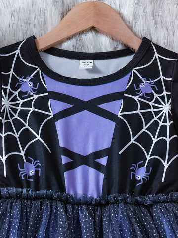 Toddler Girls' Purple & Black Colorblock Spider Web Tulle Dress, Halloween Party Outfit