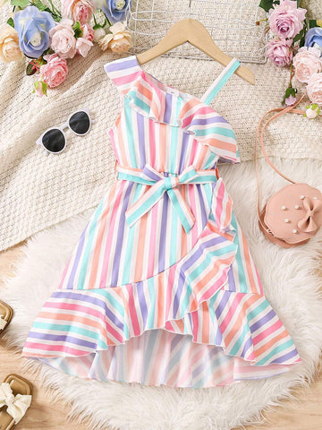 Toddler Girls' Rainbow Striped Irregular Hem And Lace-Trimmed Sundress, Perfect For Hawaii Vacation, Spring And Summer, New Arrival
