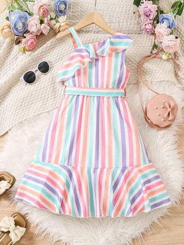 Toddler Girls' Rainbow Striped Irregular Hem And Lace-Trimmed Sundress, Perfect For Hawaii Vacation, Spring And Summer, New Arrival