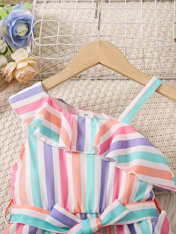 Toddler Girls' Rainbow Striped Irregular Hem And Lace-Trimmed Sundress, Perfect For Hawaii Vacation, Spring And Summer, New Arrival
