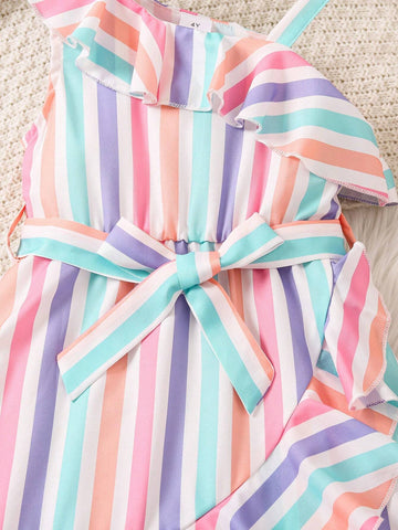 Toddler Girls' Rainbow Striped Irregular Hem And Lace-Trimmed Sundress, Perfect For Hawaii Vacation, Spring And Summer, New Arrival