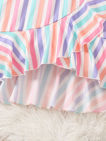 Toddler Girls' Rainbow Striped Irregular Hem And Lace-Trimmed Sundress, Perfect For Hawaii Vacation, Spring And Summer, New Arrival