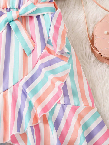 Toddler Girls' Rainbow Striped Irregular Hem And Lace-Trimmed Sundress, Perfect For Hawaii Vacation, Spring And Summer, New Arrival