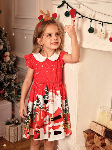 Toddler Girls Retro Blue Dress, Featuring A Peter Pan Collar Design And White Lace Trim
