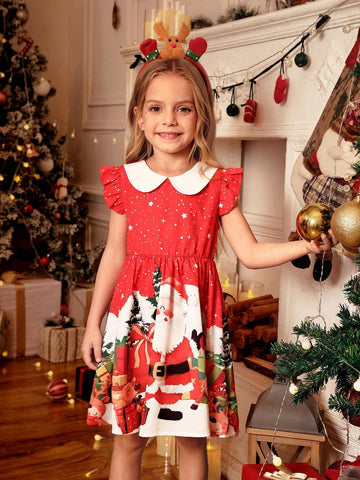 Toddler Girls Retro Blue Dress, Featuring A Peter Pan Collar Design And White Lace Trim